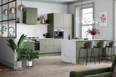 Soho from Magnet. Bold slab doors style this premium contemporary kitchen design available in 20 colours.