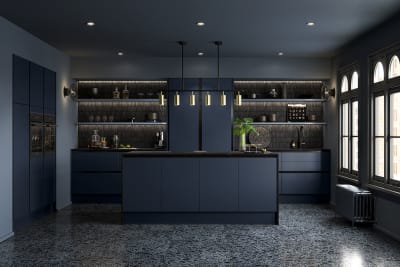 Integra Hoxton Kitchen from Magnet available in metallic midnight blue. Smooth slab doors and a painted effect finish.