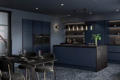 Integra Hoxton Kitchen from Magnet available in metallic midnight blue. Smooth slab doors and a painted effect finish.