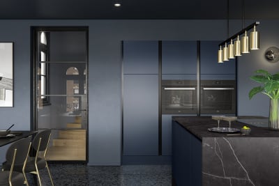 Integra Hoxton Kitchen from Magnet available in metallic midnight blue. Smooth slab doors and a painted effect finish.