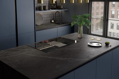 Integra Hoxton Kitchen from Magnet available in metallic midnight blue. Smooth slab doors and a painted effect finish.