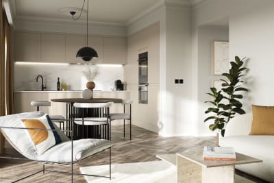 Luna in the shade Pebble is the ideal base for a minimalist kitchen design with its integrated handle that gives any kitchen a beautiful, sleek finish.