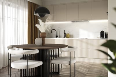 Luna in the shade Pebble is the ideal base for a minimalist kitchen design with its integrated handle that gives any kitchen a beautiful, sleek finish.