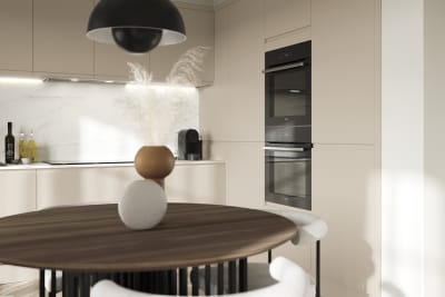 Luna in the shade Pebble is the ideal base for a minimalist kitchen design with its integrated handle that gives any kitchen a beautiful, sleek finish.