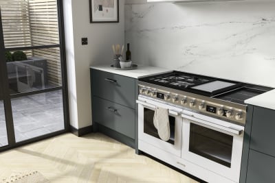 Overhead view of hobs in Soho kitchen in Arboretum Green and marbled worktop with matching splashback