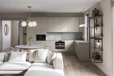 Modern and neutral shade of Dunham kitchen in an open plan kitchen.