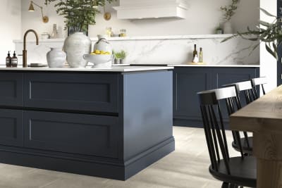 Close-up of kitchen island in Integra Ludlow, a contemporary take on a Shaker kitchen, with integrated handles.