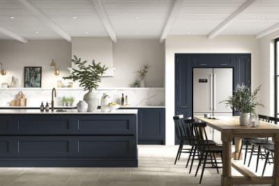 Open plan kitchen with kitchen island. Integra Ludlow is a contemporary take on a Shaker kitchen, with integrated handles.