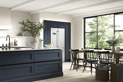 Integra Ludlow, a contemporary take on a Shaker kitchen, where the premium frontal features panelled doors with integrated handles,