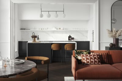 Minimal maximalism with Magnet's Hoxton kitchen in Sumi Black, combined with white marbled worktop and splashbacks and colourful interiors.