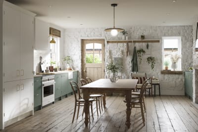 Full room view of contemporary cottage kitchen and dining room with Soho Eucaluptys and tall pantry cabinets in white.