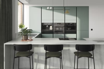 Integra Soho Morris Blue is a frameless slab door with integrated handles in a smooth paint finish.