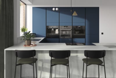 Integra Soho Voyage Blue is a frameless slab door with integrated handles in a smooth paint finish.