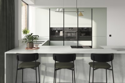 Integra Seagrass is a frameless slab door with integrated handles in a smooth paint finish.