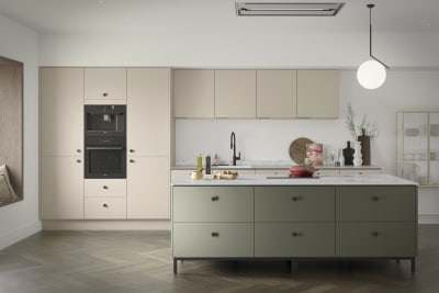 Soho Pebble path kitchen with Misty moors kitchen island, a premium painted slab door from Magnet.