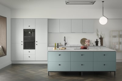 Soho Washed Cotton kitchen with a Morris Blue kitchen island, a modern slab door with a painted rather than foil surface, for a truly premium look.