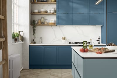 Integra Dunham from Magnet is a handleless shaker frontal, here shown in shades Voyage Blue and Sky.