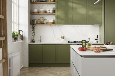 Integra Dunham from Magnet is a handleless shaker frontal, here shown in shades Green olives and Fresh Linen.