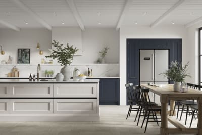 Integra Ludlow in shades Dove Grey and Midnight, a contemporary take on a Shaker kitchen, where the premium frontal features panelled doors with integrated handles.