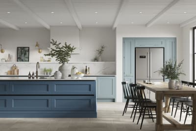 Integra Ludlow in shades Sky and Voyage Blue, a contemporary take on a Shaker kitchen, where the premium frontal features panelled doors with integrated handles.