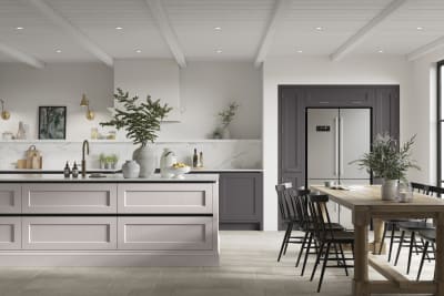 Integra Ludlow in shades Cashmere Sweater and Charcoals, a contemporary take on a Shaker kitchen, where the premium frontal features panelled doors with integrated handles.