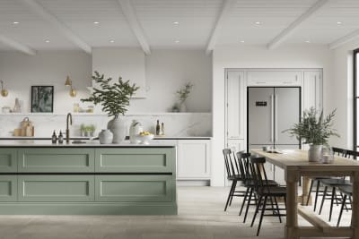 Integra Ludlow in shades Eucalyptus and Fresh Linen, a contemporary take on a Shaker kitchen, where the premium frontal features panelled doors with integrated handles.