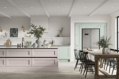 Integra Ludlow in shades Seagrass and Rose bowl, a contemporary take on a Shaker kitchen, where the premium frontal features panelled doors with integrated handles.