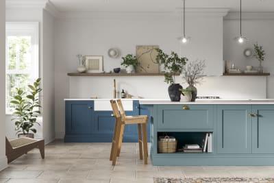 Ludlow in blue shades Sky and Voyage blue, a traditional Shaker-style kitchen range featuring panelled doors with visible woodgrain and beading detail.