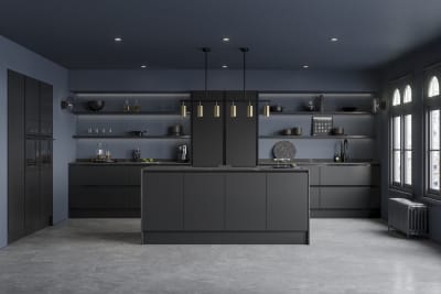 Open plan Integra Hoxton Sumi Black kitchen with kitchen island, with black accent details and black worktop, tap and whitegoods.