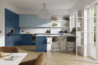 Contemporary kitchen design with Magnets Voyage blue Dunham kitchen, its thin frame and smooth painted finish with no visible woodgrain