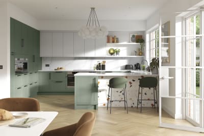 Dunham in Eucalyptus Green and Fresh Linen has a thin frame and smooth painted finish with no visible woodgrain, providing a contemporary feel to a traditional look.