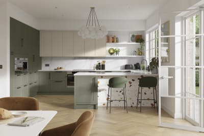 Contemporary kitchen Dunham in shades Misty Moors and Pebble Path paired with a colourful matching terrazzo decor