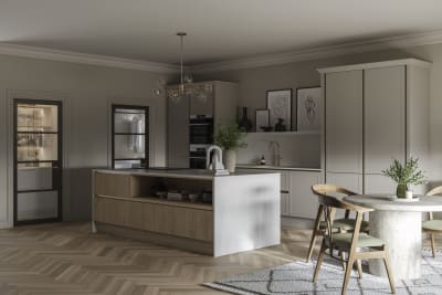 Integra Ascoli Pebble kitchen with Natural oak kitchen island. Neutral kitchen with earh tones in interior and decorations.