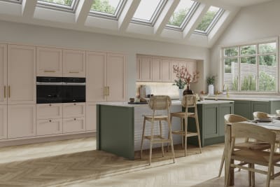 Integra Wardley in shades Rose Bowl and Misty Moors in an elegant, contemporary Shaker kitchen.