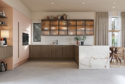 Soho cabinets in shade Chalk Blush, matched with fluted glass display cabinets and oak front cabinetry in Nordic Nature.