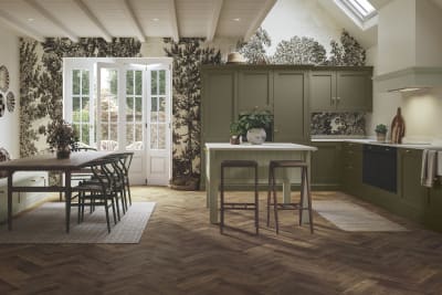 Open plan kitchen with Wardley Arboretum cabinets, an elegant, contemporary Shaker kitchen.