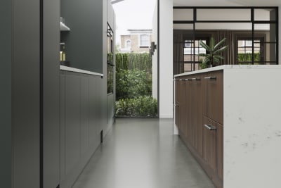 Magnet's Duxbury kitchen range in dark green, seen with the modern Portobello range in Umbra.