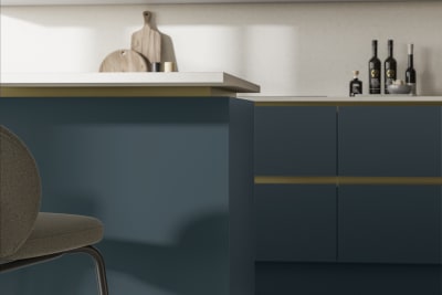 Modern and minimalist Integra Soho Carrington Blue kitchen, a frameless slab door with integrated handles in a smooth paint finish.