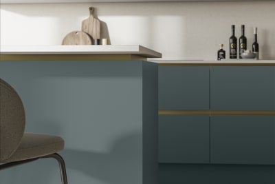 Modern and minimalist Integra Soho Coastland kitchen, a frameless slab door with integrated handles in a smooth paint finish.