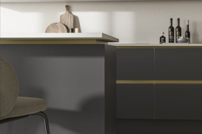 Modern and minimalist Integra Soho Charcoal kitchen, a frameless slab door with integrated handles in a smooth paint finish.