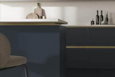 Modern and minimalist Integra Soho Voyage Blue kitchen, a frameless slab door with integrated handles in a smooth paint finish.