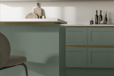 Handleless Shaker kitchen Integra Wardley Eucalyptus is traditional and contemporary with its narrow frame door with integrated handles and a painted timber finish.