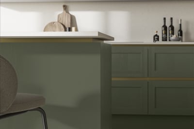 Handleless Shaker kitchen Integra Wardley Thyme is traditional and contemporary with its narrow frame door with integrated handles and a painted timber finish.