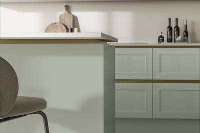 Handleless Shaker kitchen Integra Wardley Seagrass is traditional and contemporary with its narrow frame door with integrated handles and a painted timber finish.