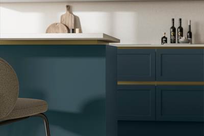 Integra Dunham Carrington Blue, a handleless shaker frontal with brass details and a white worktop..