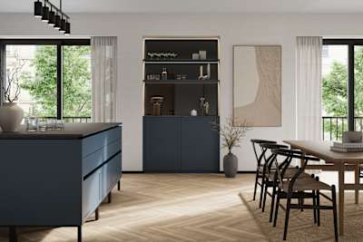 Handleless Integra Brunswick kitchen island and sideboard with an ultra-slim super-matt Shaker design and handleless rail system, in dark blue shade Voyage Blue, with black accessories and fluted glass wall cabinets