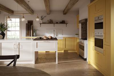 Open floorplan shaker kitchen in the bright and beautiful yellow shade Harvest, paired with a kitchen island with matching frame door cabinets in Limestone.