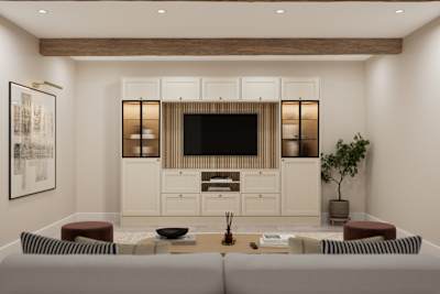 Media wall with Ambleside Shaker style cabinets, with sleek and modern frame width in the beige neutral cream shade Sand and fluted glass black aliminum framed vitrine.