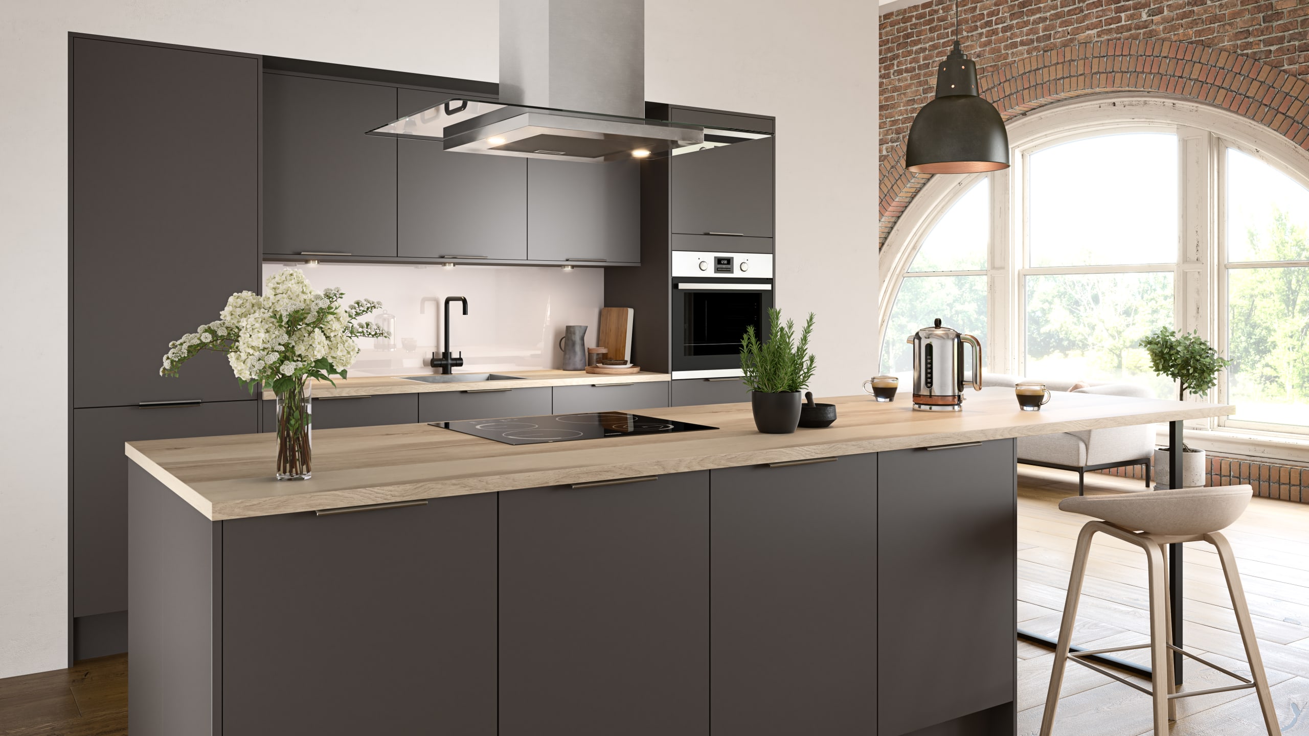 Nova by Magnet. Affordable slab door kitchen available in matt and super glass. 6 colours to choose from.