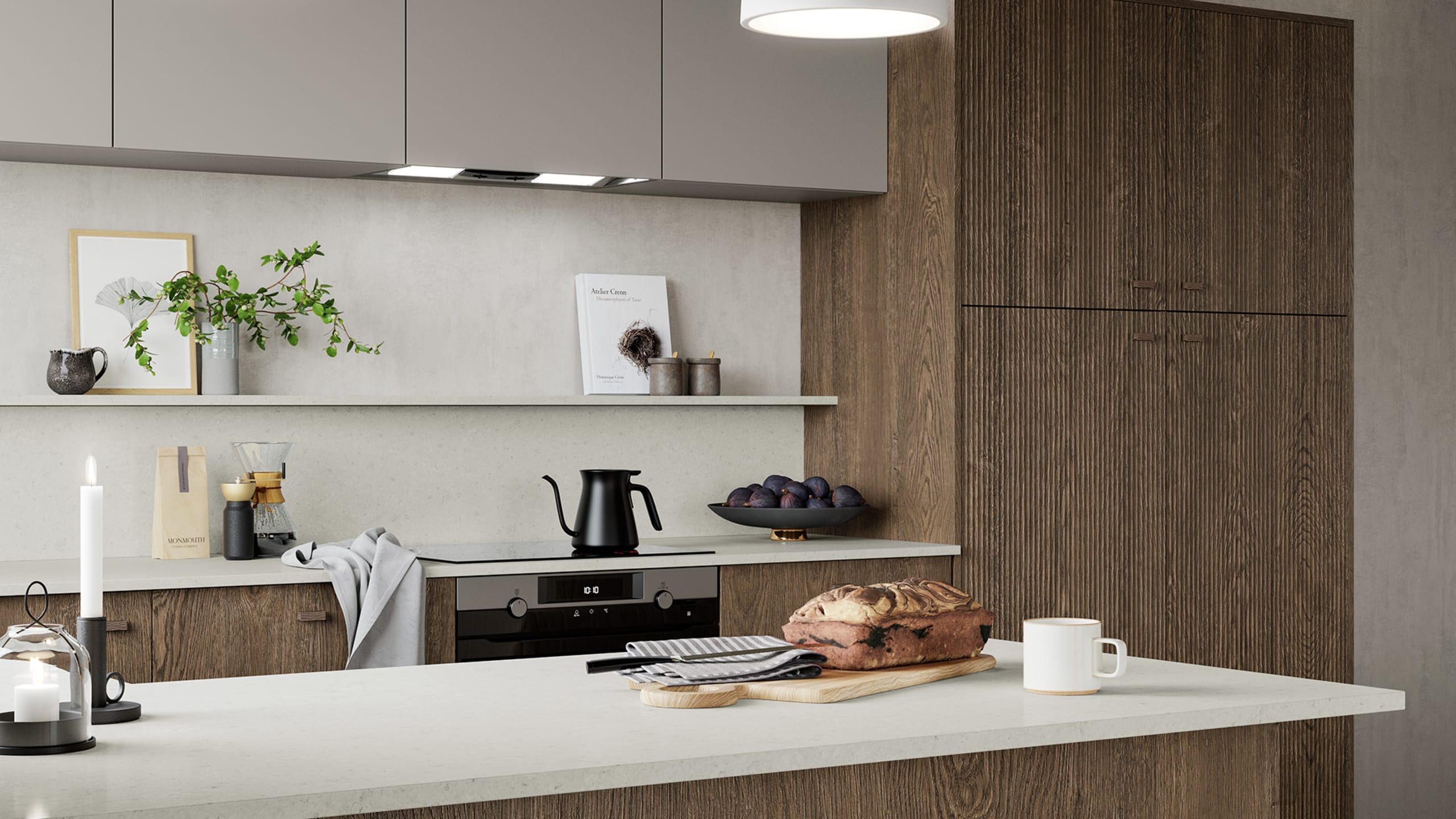 Nordic Nature. Modern wooden kitchen design with a Nordic influence. Featured floating worktops, a ribbed plinth and rounded end panels.